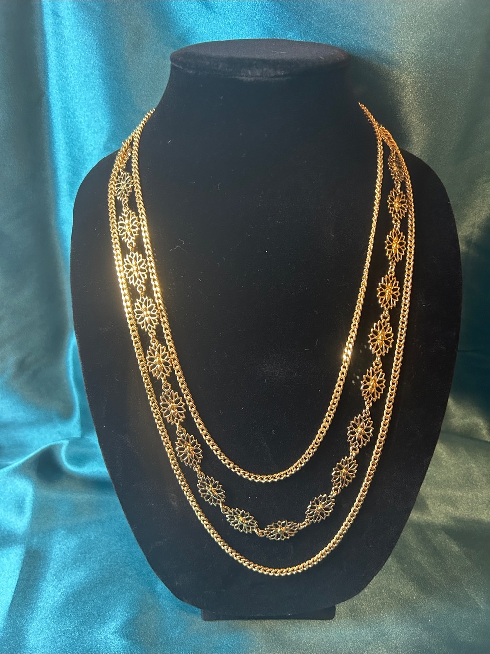 Vintage Monet Gold Multi-Strand Floral Chain Necklace - Women Jewelry